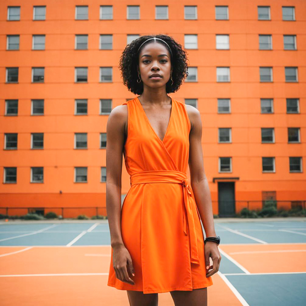 Confident Woman in Orange Dress at Urban Tennis Court