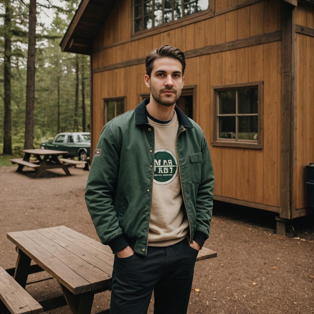 Confident man in green jacket by wooden cabin