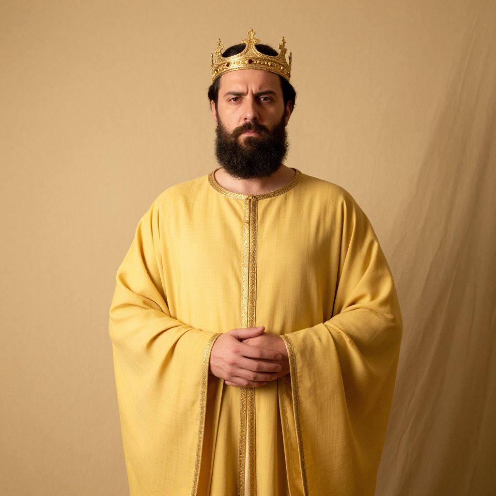 Regal Bearded Man in Yellow Robe and Gold Crown Portrait