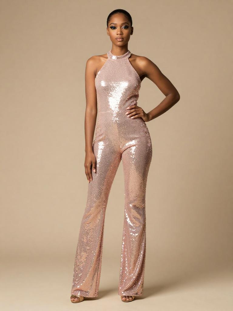 Confident Woman in Rose Gold Sequin Halter Jumpsuit on Beige Background