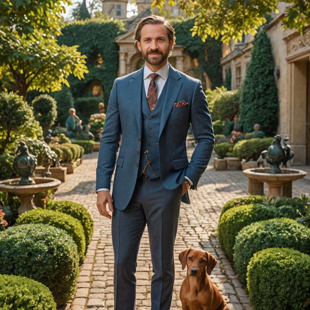 Elegant man in tailored suit with dog in garden