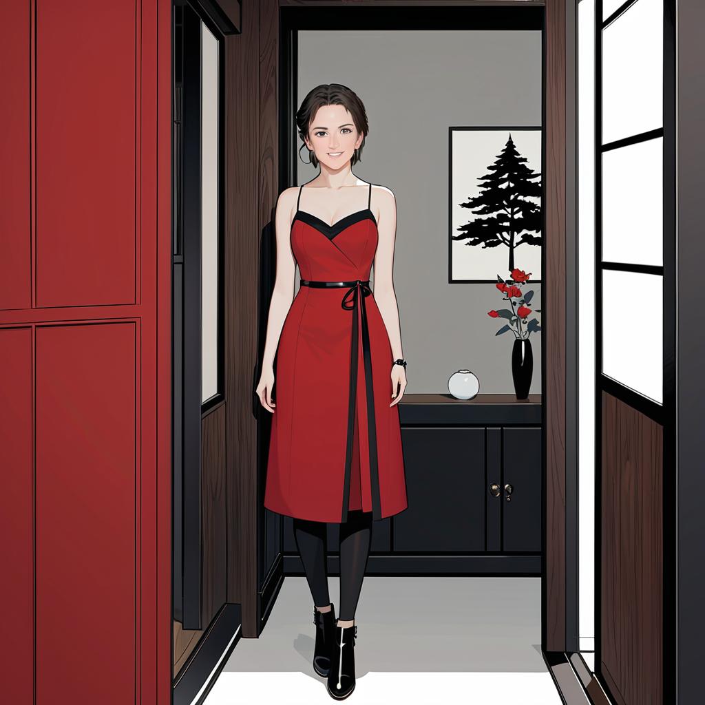 Elegant Anime Woman in Red Dress at Modern Home Entrance