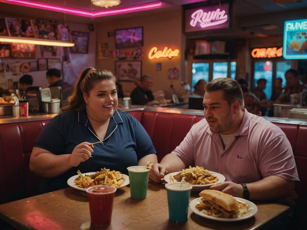 Couple Enjoying Fast Food in Retro Diner