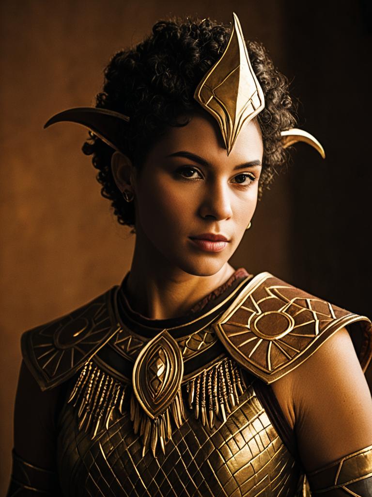Woman in Realistic Golden Warrior Armor Cosplay with Regal Headpiece