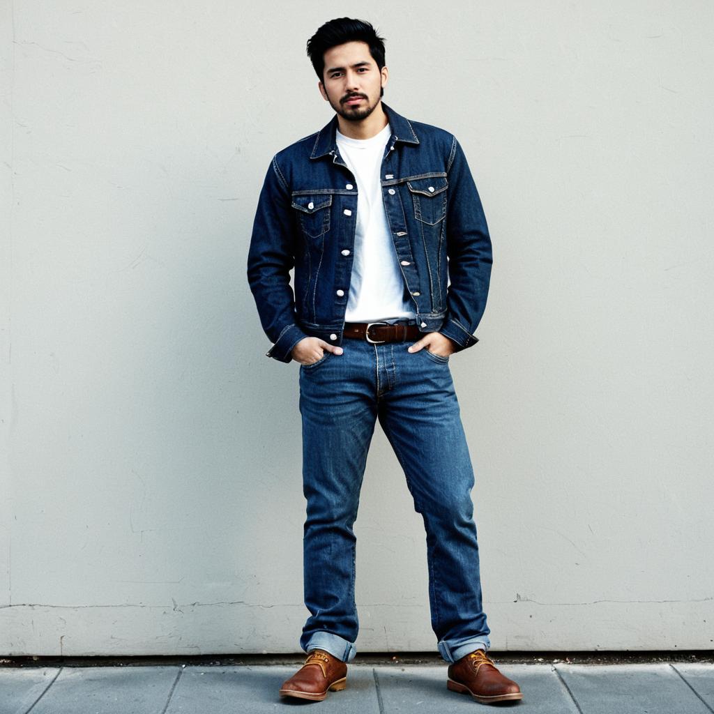 Confident Man in Denim Outfit Against Plain Wall