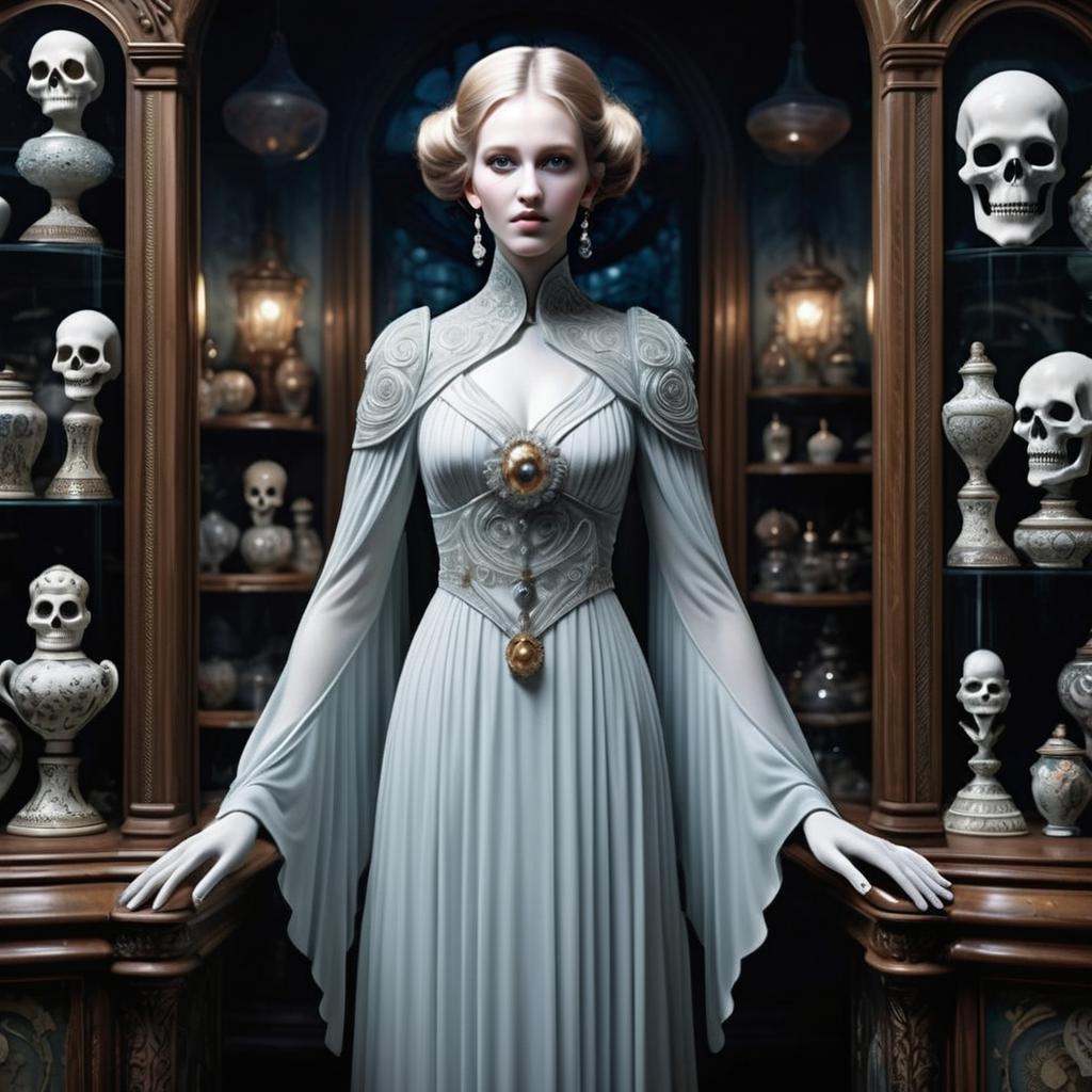 Elegant Woman in Flowing Gown Among Skull Sculptures