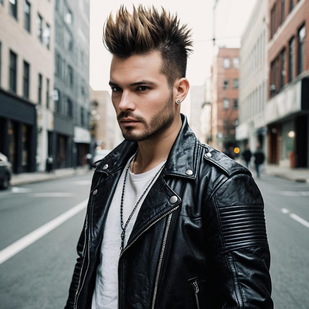 Edgy Young Man with Spiked Hair and Leather Jacket in Urban Street