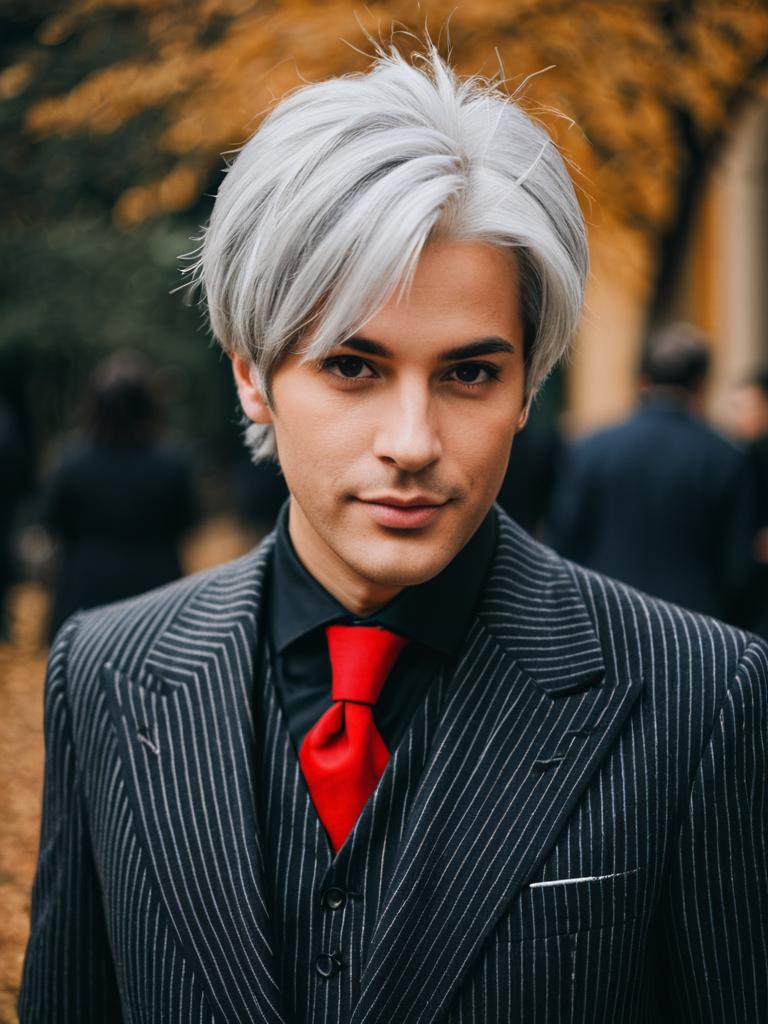 Man with Silver Hair in Pinstripe Suit and Red Tie Autumn Portrait