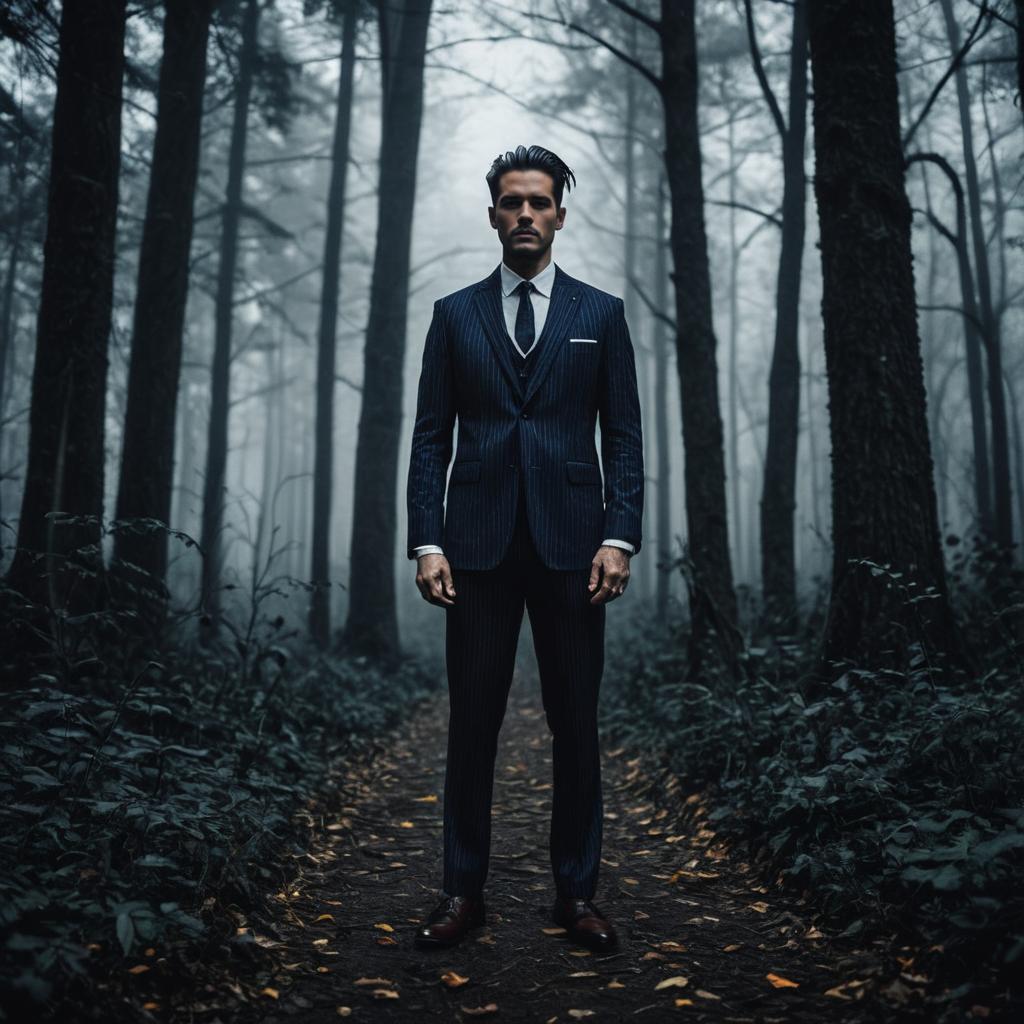 Man in Pinstripe Suit in Misty Forest