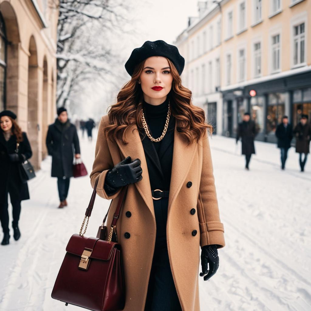 Chic Woman Walking Winter City Street in Camel Coat and Beret