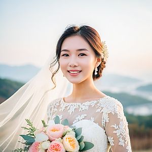 Beautiful Bride in Elegant Lace Dress with Bouquet