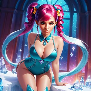 Fantasy Anime Woman with Pink Hair in Turquoise Outfit and Crystal Setting