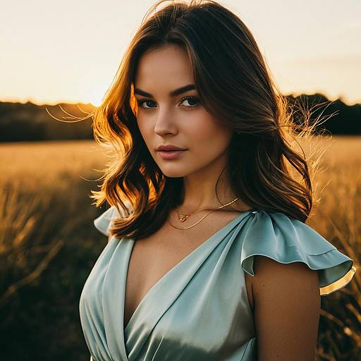 Young Woman in Silky Light Blue Dress in Golden Sunset Field