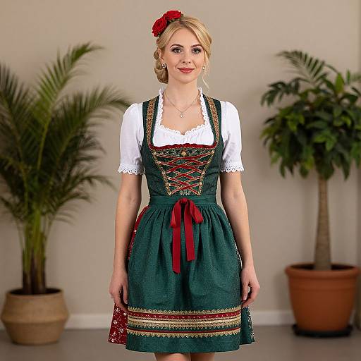 Woman Wearing Traditional Bavarian Green Dirndl Dress with Red Accents