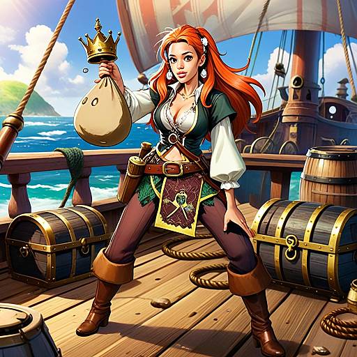 Red-Haired Woman Pirate with Treasure on Ship Deck Digital Art