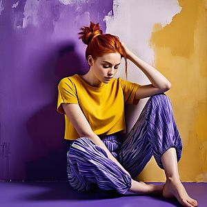 Young Redhead Woman in Yellow Top and Purple Pants Sitting Against Colorful Wall