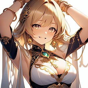 Smiling Young Woman in Fantasy Outfit with Gold Accessories