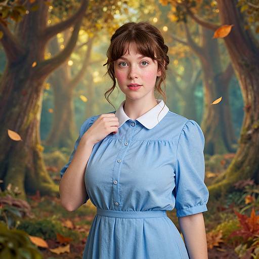 Vintage Style Woman in Blue Dress in Autumn Forest
