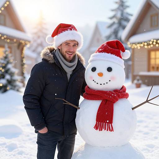Man in Santa Hat Standing Next to Snowman Wearing Red Scarf in Snowy Village