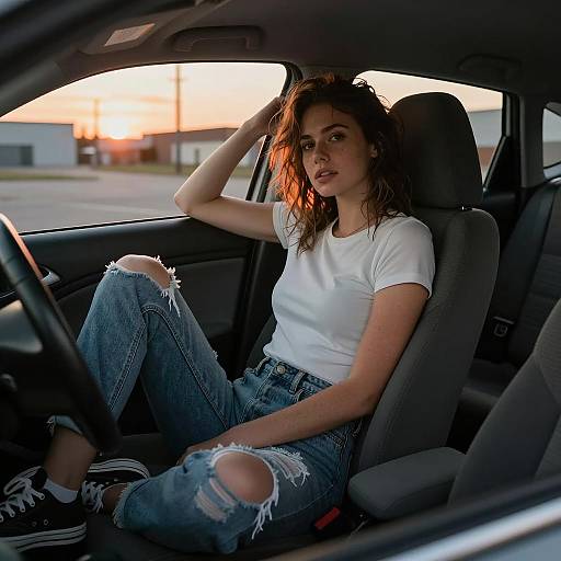 Young Woman Relaxing in Car at Sunset Wearing Ripped Jeans and White T-Shirt