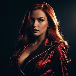Portrait of Red-Haired Woman in Glossy Red Blazer Fashion Studio