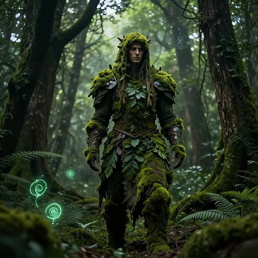 Man in Moss and Leaf Forest Costume with Glowing Orbs
