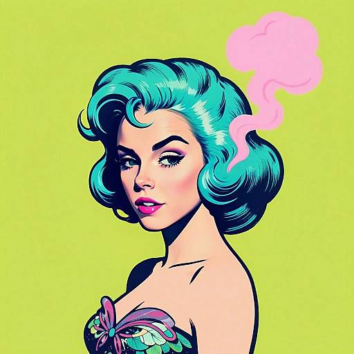 Pop Art Portrait of Woman with Teal Hair and Pink Smoke