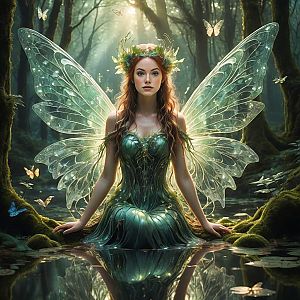 Woman with Glowing Fairy Wings in Enchanted Forest Pool