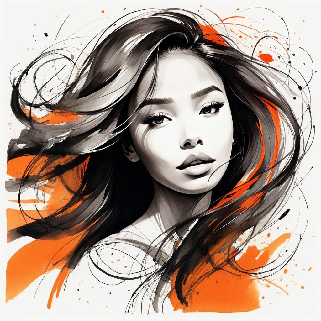 Stylish Digital Portrait of Woman with Flowing Hair in Watercolor and Ink