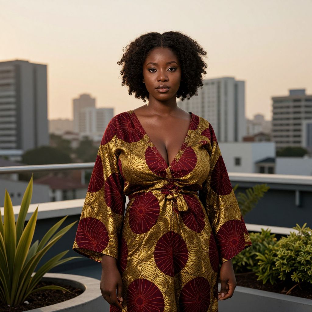 Young Woman in Vibrant African Print Dress on Urban Rooftop