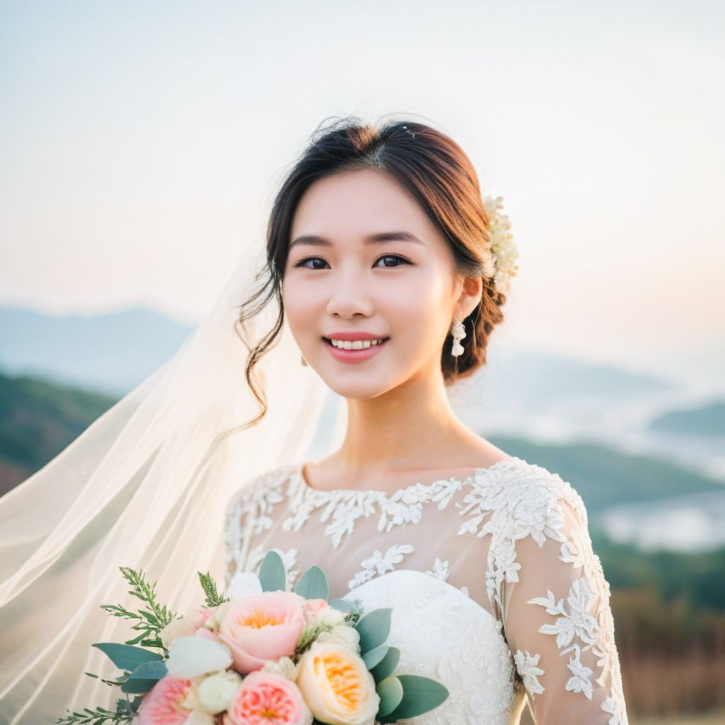 Beautiful Bride in Elegant Lace Dress with Bouquet