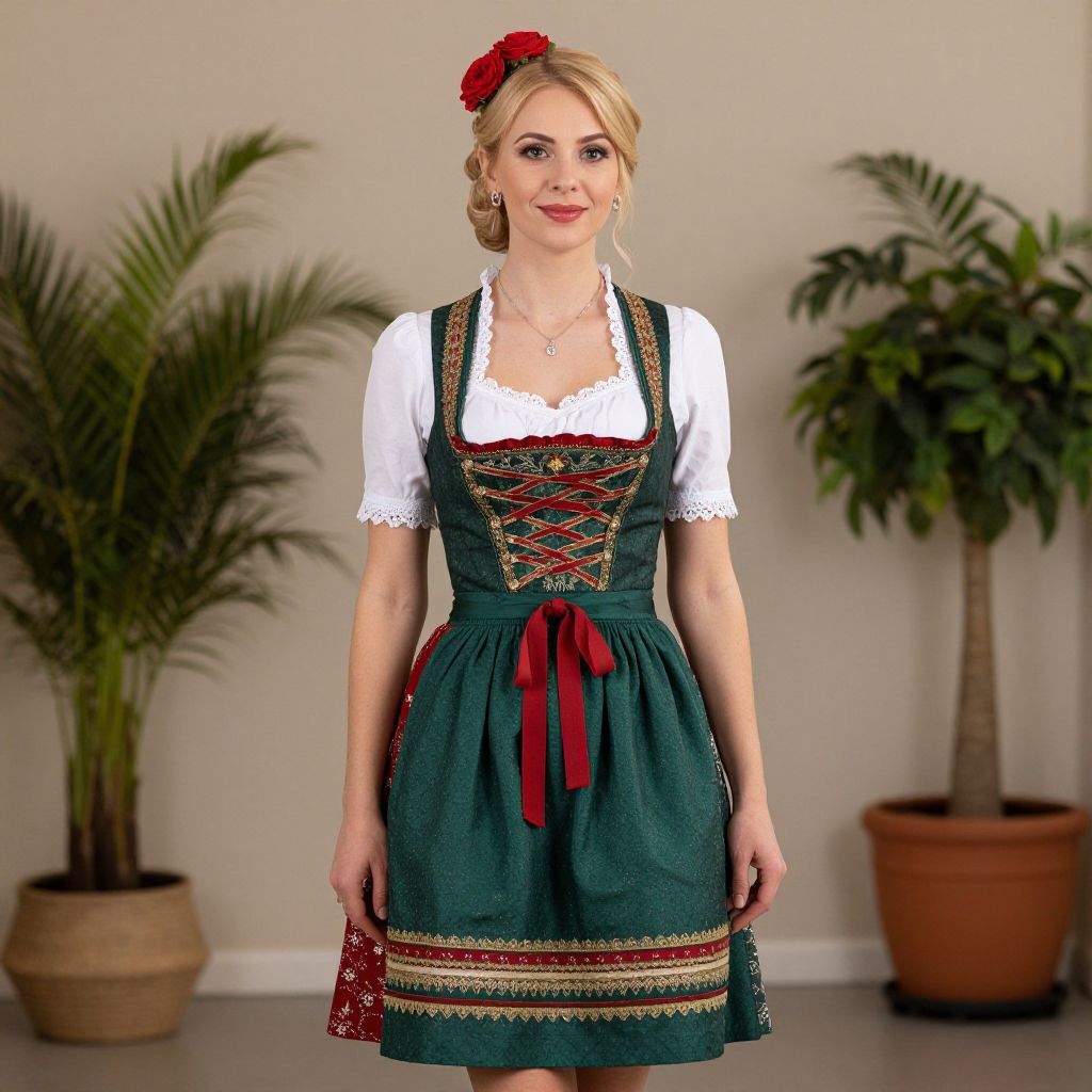 Woman Wearing Traditional Bavarian Green Dirndl Dress with Red Accents