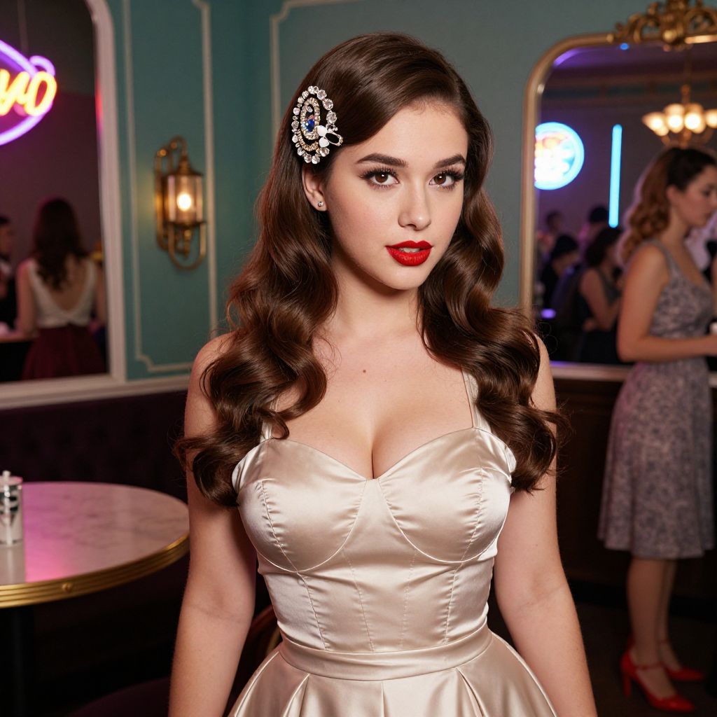 Glamorous Woman in Vintage Satin Dress with Rhinestone Hair Clip
