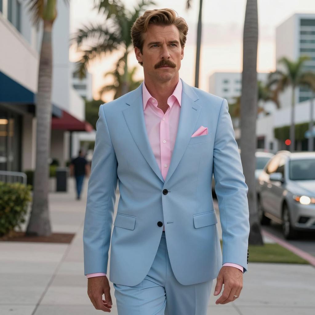 Man in Light Blue Suit with Pink Shirt Walking Outdoors