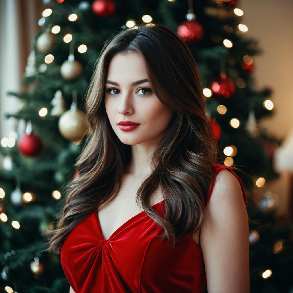 Elegant Woman in Red Dress Posing by Christmas Tree with Festive Lights Elegant Woman in Red Dress Posing by Christmas Tree with Festive Lights