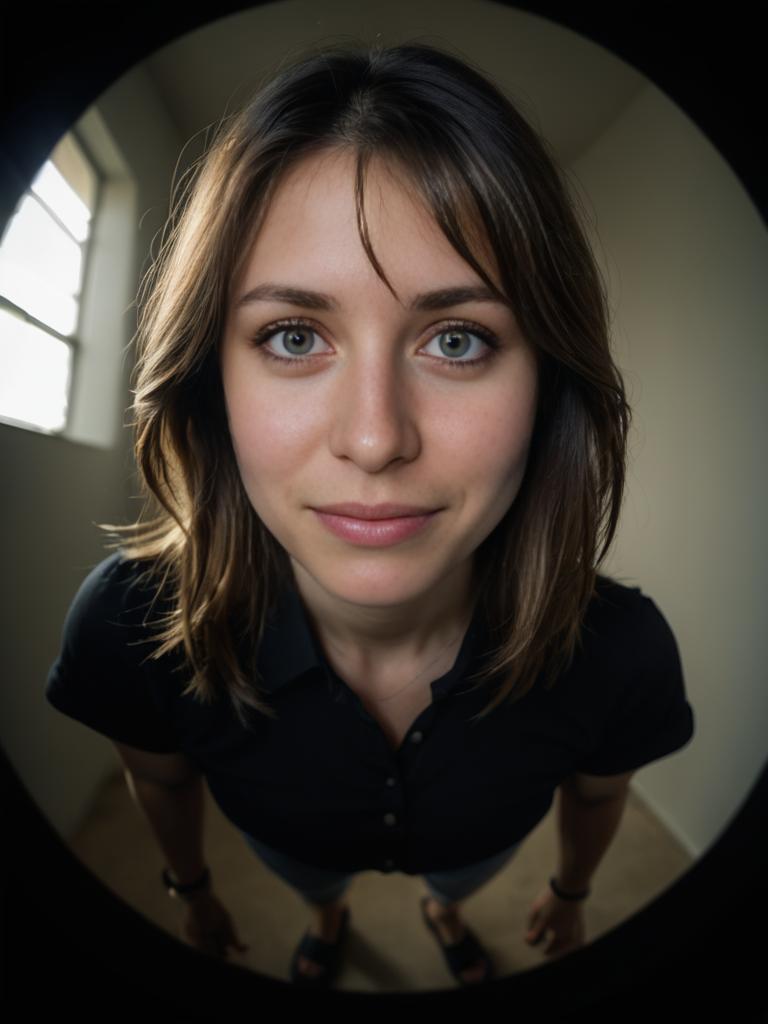 Young Woman in Minimalist Room - Fisheye Perspective