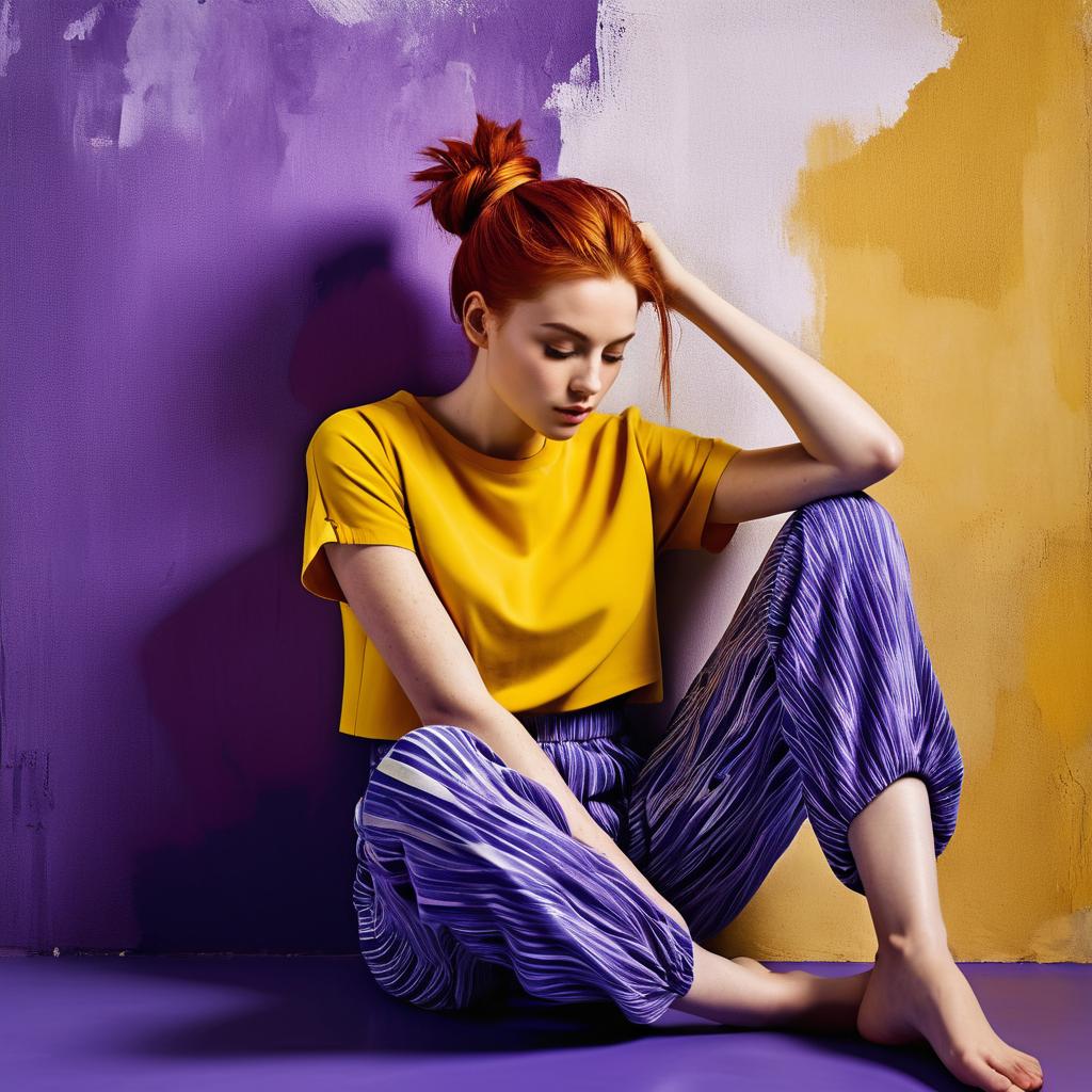 Young Redhead Woman in Yellow Top and Purple Pants Sitting Against Colorful Wall