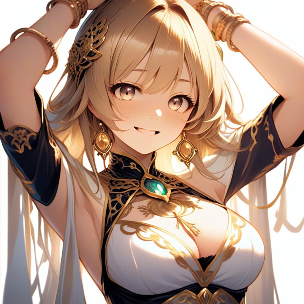 Smiling Young Woman in Fantasy Outfit with Gold Accessories Smiling Young Woman in Fantasy Outfit with Gold Accessories