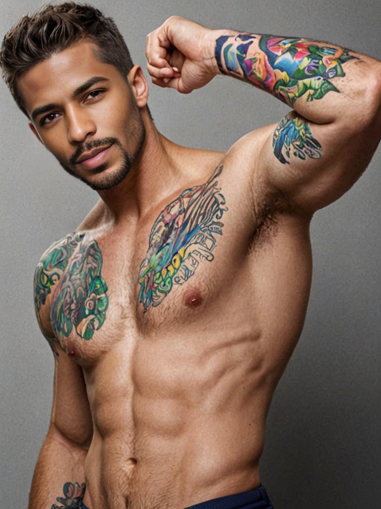 Shirtless Man with Intricate Arm Tattoos