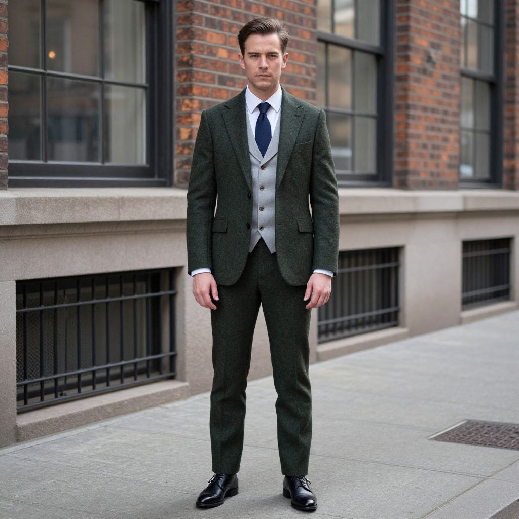 Man Wearing Tailored Dark Green Tweed Suit with Gray Vest on Urban Sidewalk