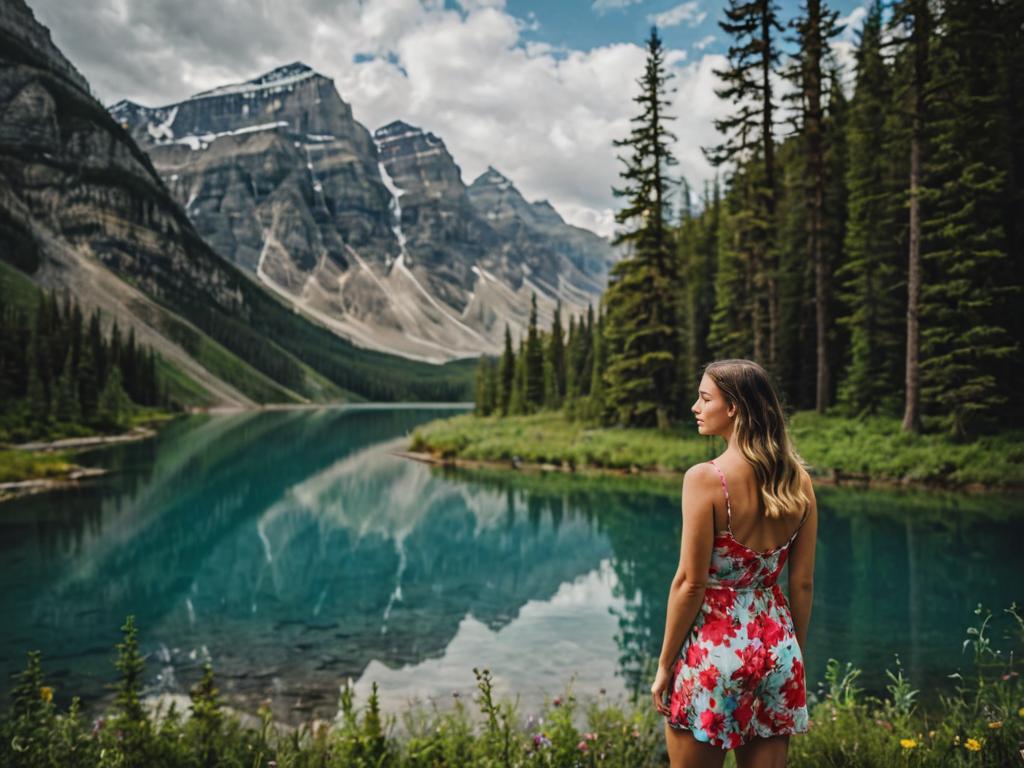 Woman in Floral Dress by Lake and Mountains