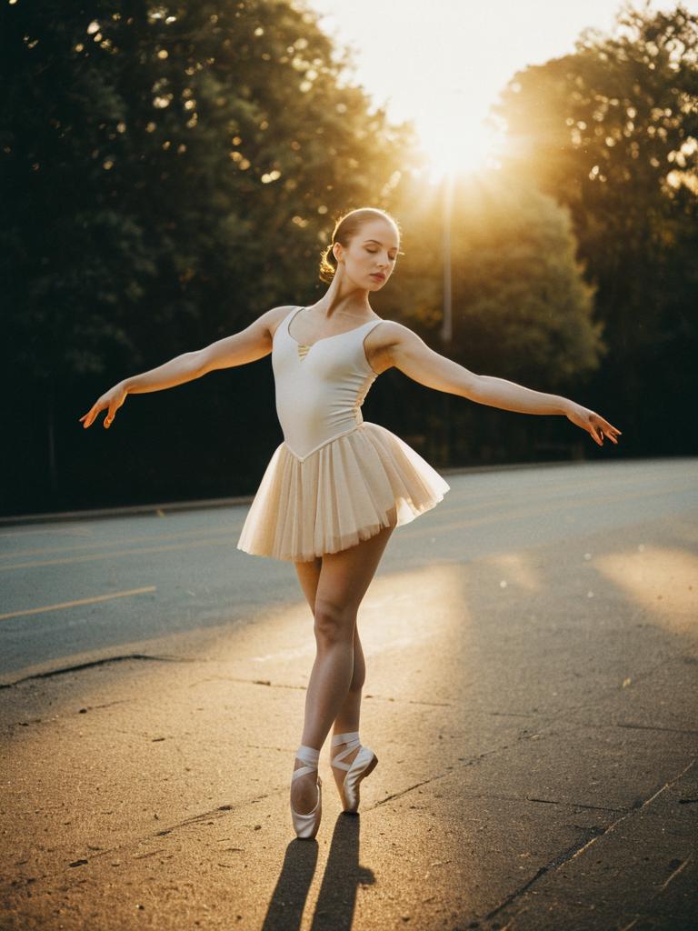 Photorealistic Outdoor Portrait of Woman in Ballet Outfit during Golden Hour