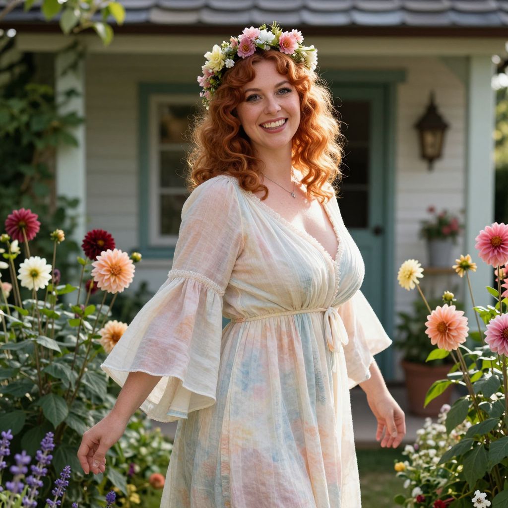 Red-Haired Woman in Floral Crown Smiling in Vibrant Garden with Cottage Background