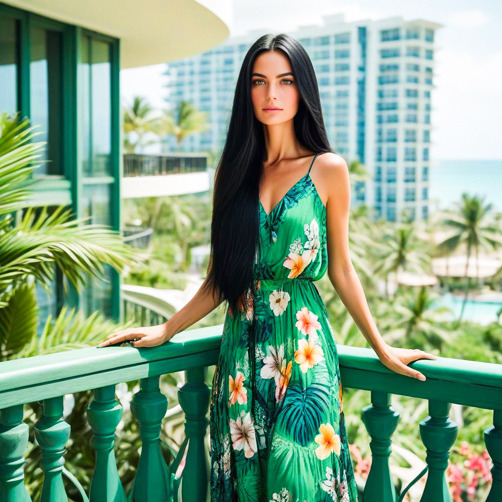Woman in Green Dress on Tropical Balcony