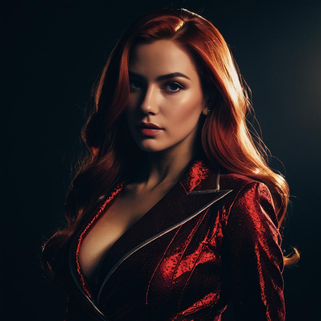 Portrait of Red-Haired Woman in Glossy Red Blazer Fashion Studio