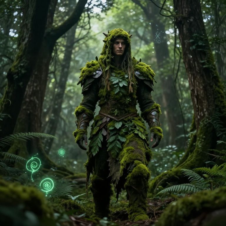 Man in Moss and Leaf Forest Costume with Glowing Orbs