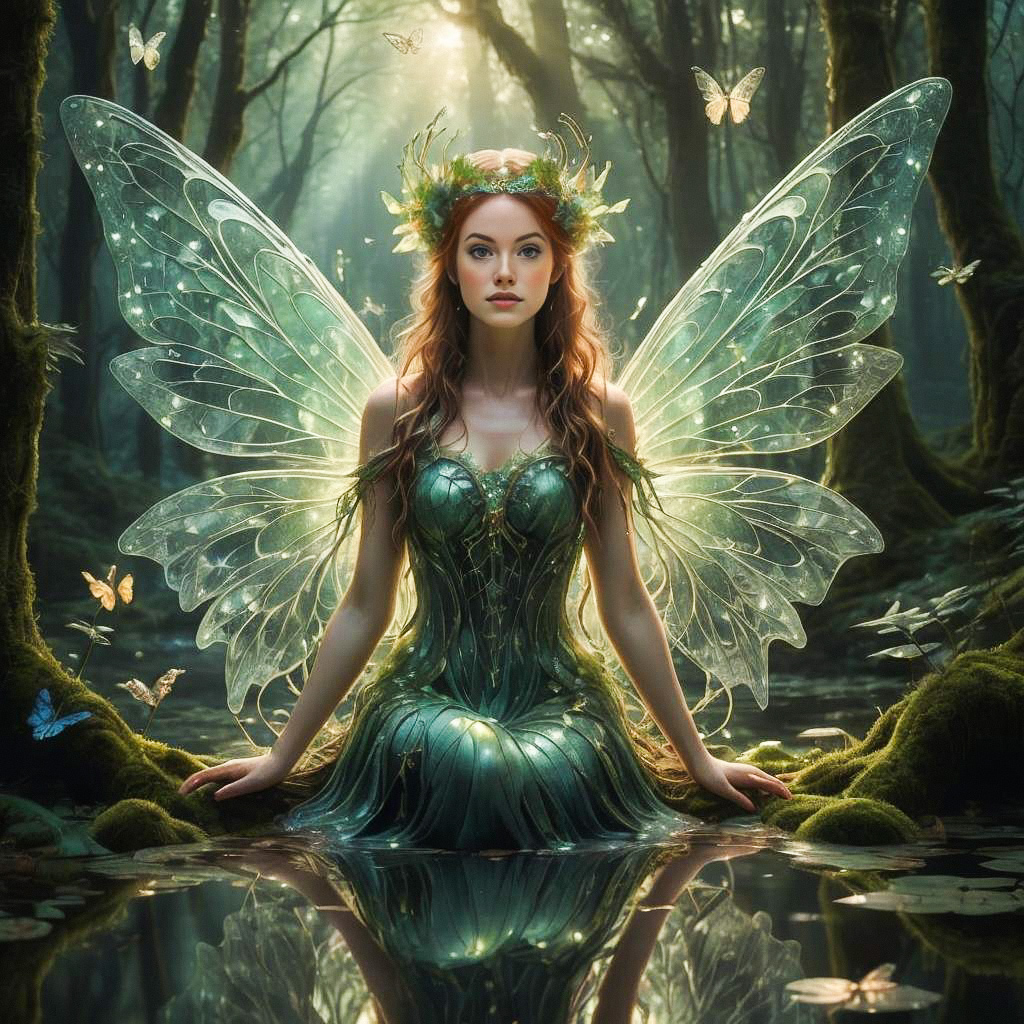 Woman with Glowing Fairy Wings in Enchanted Forest Pool Woman with Glowing Fairy Wings in Enchanted Forest Pool