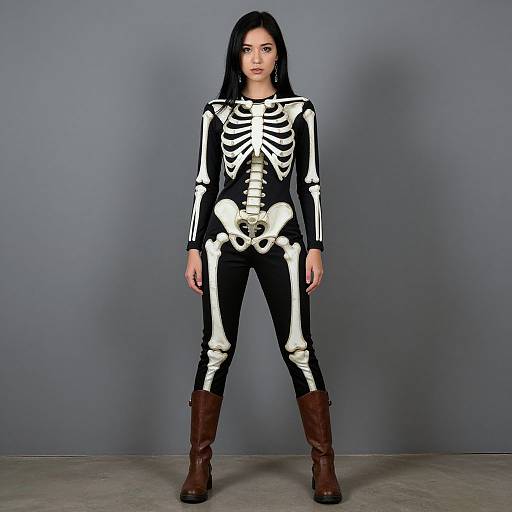 Woman Wearing Black Skeleton Costume with Brown Boots