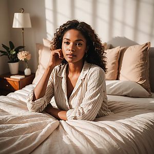 Thoughtful Woman in Sunlit Bedroom