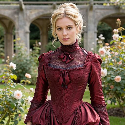 Victorian Woman in Burgundy Lace Dress in Garden Setting
